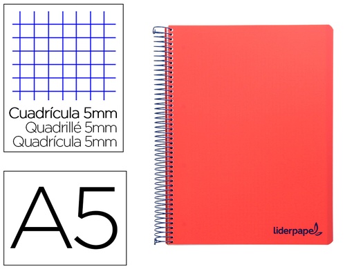 [2009241] LIDERPAPEL - Cuaderno espiral a5 micro wonder tapa plastico 120h 90g cuadro 5mm 5 bandas 6 taladros color rojo (Ref. BJ70)