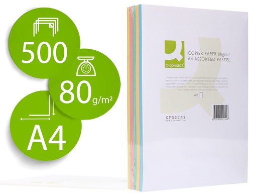 [2072057] Q-CONNECT - PAPEL COLOR DIN A4 80 GR 5 COLORES SURTIDOS PAQUETE DE 500 HOJAS (Ref.KF02242)