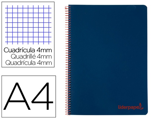 [2009173] LIDERPAPEL - Cuaderno espiral A4 wonder tapa plastico 80h 90gr cuadro 4mm con margen color azul marino (Ref. TH63)