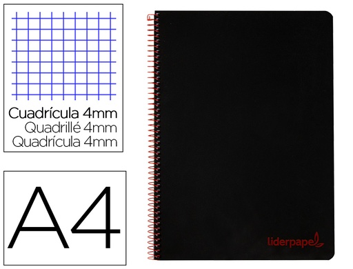 [2009172] LIDERPAPEL - Cuaderno espiral A4 wonder tapa plastico 80h 90gr cuadro 4mm con margen color negro (Ref. TH62)