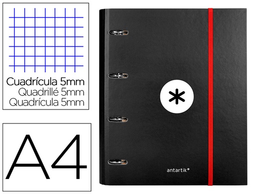 [2064665] LIDERPAPEL - CARPETA CON RECAMBIO Y SOLAPA ANTARTIK A4 CUADRO 5 MM FORRADA 4 ANILLAS REDONDAS 40MM COLOR NEGRA (Ref.AW41)