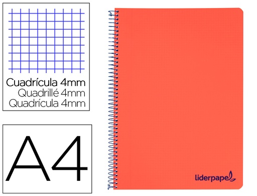 [2009226] LIDERPAPEL - Cuaderno espiral A4 wonder tapa plastico 80h 90gr cuadro 4mm con margen color rojo (Ref. TH65)