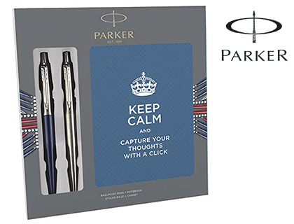 [2155629] PARKER - Boligrafo jotter acero + azul + bloc expositor de 9 sets regalo (Ref. 2062782)