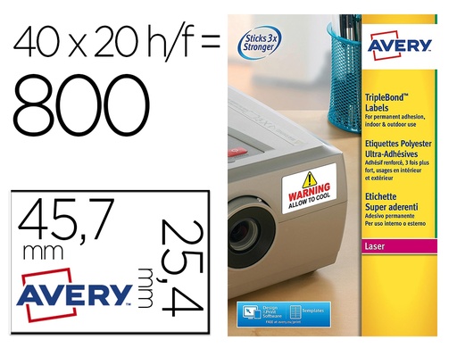 [2155338] AVERY - Etiqueta adhesiva poliester super adherente blanca 45,7x25,4 mm impresora laser pack de 800 unidades (Ref. L6140-20)