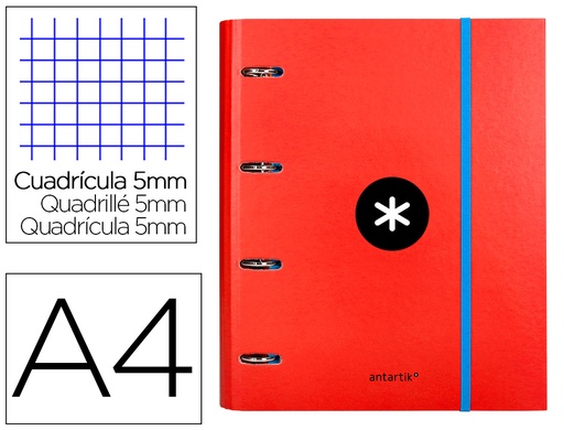[2064660] LIDERPAPEL - CARPETA CON RECAMBIO Y SOLAPA ANTARTIK A4 CUADRO 5 MM FORRADA 4 ANILLAS REDONDAS 40MM COLOR ROJO (Ref.AW36)