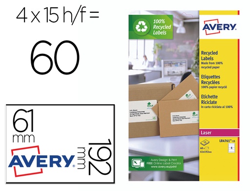 [2159798] AVERY - Etiqueta adhesiva papel blanco reciclado para archivador 192x61 mm laser pack de 400 etiquetas (Ref. LR4761-100)