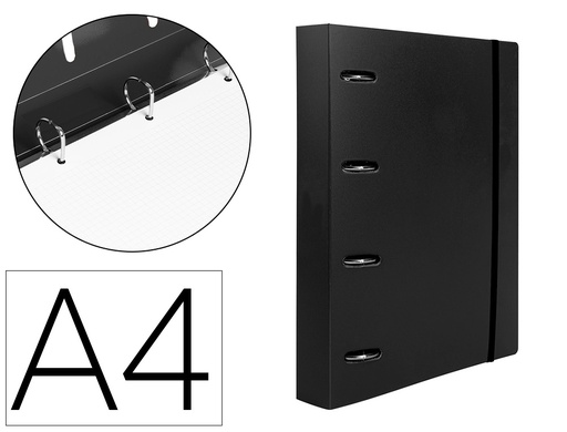 [2160024] LIDERPAPEL - Carpeta con recambio A4 cuadro 5mm 100 hojas 80g polipropileno 4 anillas mixtas 25mm negro (Ref. CH52)