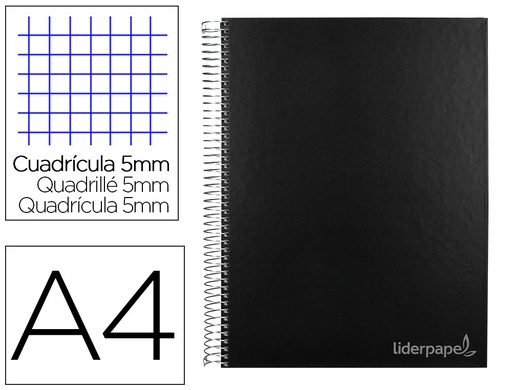 [2009753] LIDERPAPEL - Cuaderno espiral A4 micro jolly tapa forrada 140h 75 gr cuadro 5mm 5 bandas 4 taladros color negro (Ref. BA98)