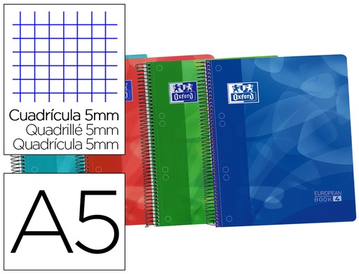 [9074041] OXFORD - Cuaderno polipropileno School 120h A5+ Cuadricula 5x5 Surtido (Ref.400027274)