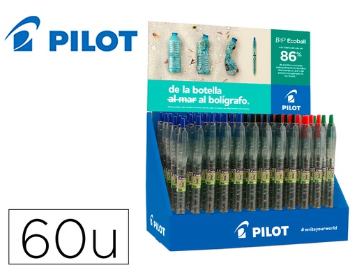 [9162190] PILOT - Boligrafo ecoball plastico reciclado expositor de 60 unidades colores surtidos + 10 boligrafos (Ref.NEEB)