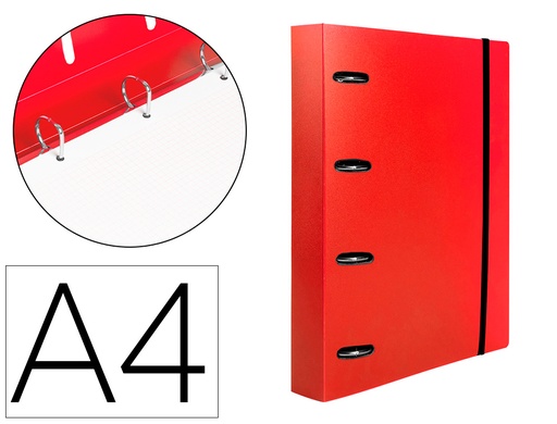 [2160027] LIDERPAPEL - Carpeta con recambio A4 cuadro 5mm 100 hojas 80g polipropileno 4 anillas mixtas 25mm rojo (Ref. CH55)