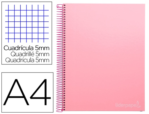 [2009749] LIDERPAPEL - Cuaderno espiral A4 micro jolly tapa forrada 140h 75 gr cuadro 5mm 5 bandas 4 taladros color rosa (Ref. BA94)