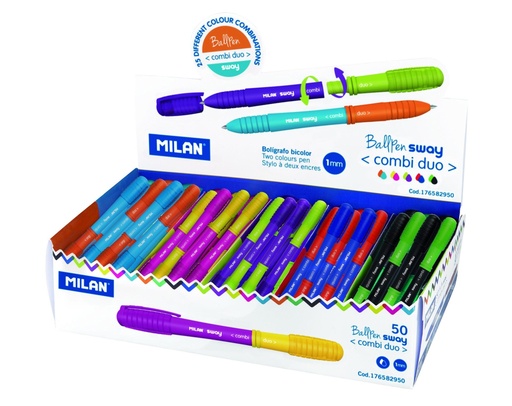 [9929826] MILAN - BOLIGRAFO SWAY COMBI DUO SURTIDO EXPOSITOR de 50
Puntas intercambiables (5 Boligrafos x 10 Colores) (Ref.176582950)