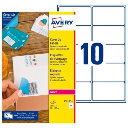 [2160295] AVERY - Etiqueta adhesiva permanente para impresora laser blanca 99,1x57 mm caja de 250 unidades (Ref. L4612-25)