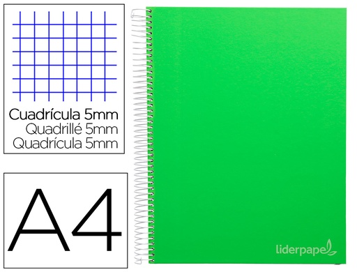 [2009751] LIDERPAPEL - Cuaderno espiral A4 micro jolly tapa forrada 140h 75 gr cuadro 5mm 5 bandas 4 taladros color verde (Ref. BA96)