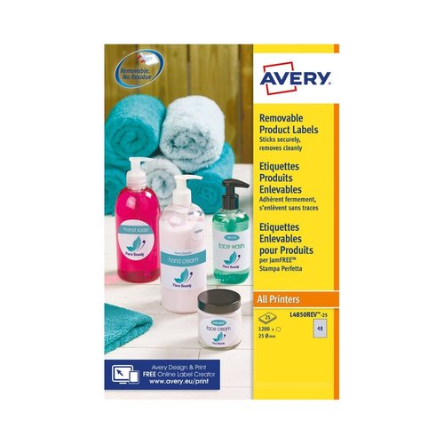 [2160303] AVERY - Etiqueta adhesiva blanca redonda removible para impresora laser inyeccion tinta fotocopiadora 37 mm (Ref. L4851REV-25)