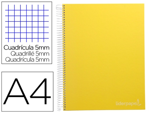 [2009750] LIDERPAPEL - Cuaderno espiral A4 micro jolly tapa forrada 140h 75 gr cuadro 5mm 5 bandas4 taladros color amarillo (Ref. BA95)