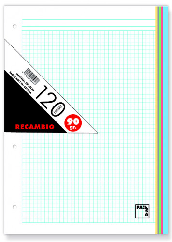 [9931315] PACSA - RECAMBIO A4 120h 90gr 4 TALADROS CUADRIC.5x5 (5 colores en banda) (Ref.21180)