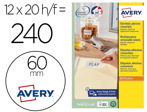 [2160302] AVERY - Etiqueta adhesiva blanca redonda removible para impresora laser inyeccion tinta fotocopiadora 60 mm (Ref. L7104REV-20)