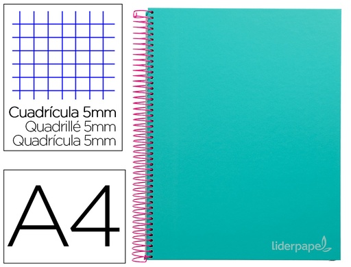 [2009752] LIDERPAPEL - Cuaderno espiral A4 micro jolly tapa forrada 140h 75 gr cuadro 5mm 5 bandas4 taladros color turquesa (Ref. BA97)