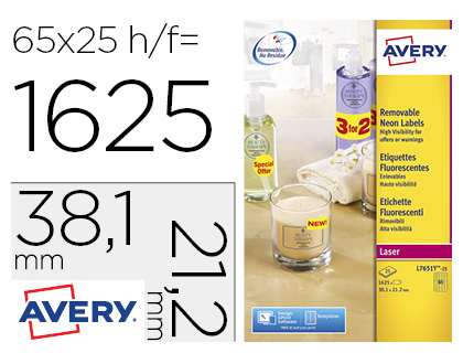 [2154723] AVERY - Caja 25 HOJAS ETIQUETAS FLUORESCENTES 38,1x21,2 (Ref.L7651Y-25)