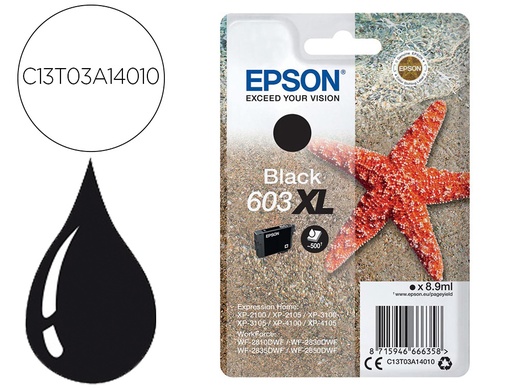 [9156589] EPSON - Ink-jet 603xl xp-2100 / 2105 / 3100 / 4100 / wf-2810 / 2830 / 2835 / 2850 negro 500 paginas (Ref. C13T03A14010)