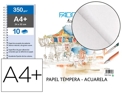 [2160420] FABRIANO - Bloc dibujo acuarela sadipal encolado din a4+ 10 hojas 350 g/m2 grano suave (Ref. F74233255)