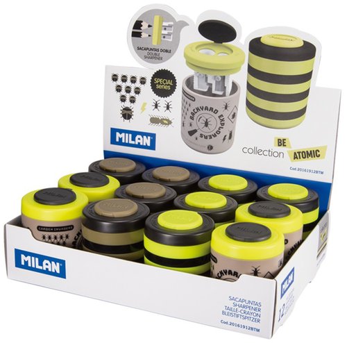 [9935364] MILAN - Sacapuntas/Afilalapices COLLECTION BE ATOMIC 1 USO CON DEPOSITO SURTIDO EXPOSITOR de 12 (Ref.20161912BTM)
