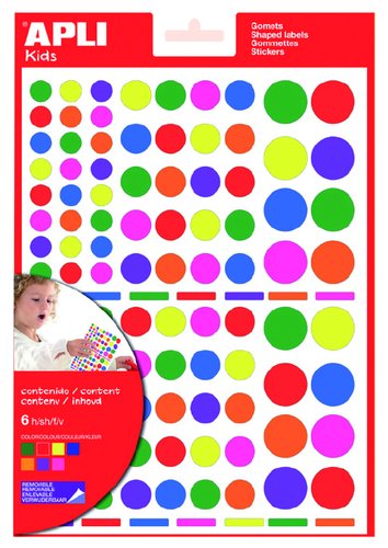 [9062826] APLI - Bolsa 6 HOJAS DE GOMETS (624U.) ADHESIVO REMOVIBLE 160x217MM. TAMAÑOS Y COLORES SURTIDOS (Ref.12970)