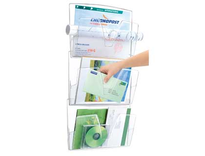 [2057158] CEP - EXPOSITOR MURAL DE PARED 3 BANDEJAS DIN A4 TRANSPARENTE 361X86X718 MM (Ref.1001700111)