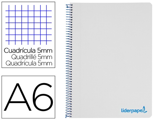 [2008916] LIDERPAPEL - Cuaderno espiral a6 micro wonder tapa plastico 120h 90 gr cuadro 5mm 4 bandas color gris (Ref. BD29)