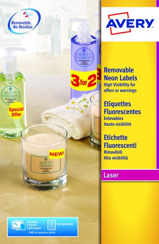 [1944657] AVERY - Caja 20 HOJAS ETIQUETAS FLUORESCENTES 210x297 ROJAS (Ref.L6005-20)