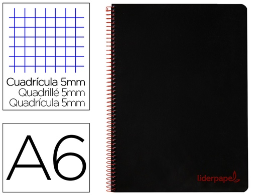 [2008914] LIDERPAPEL - Cuaderno espiral a6 micro wonder tapa plastico 120h 90 gr cuadro 5mm 4 bandas color negro (Ref. BD27)