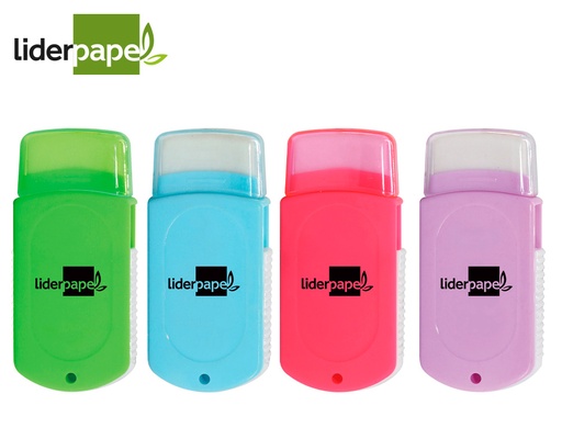 [2011450] LIDERPAPEL - Goma rectangular con protector plastico Sacapuntas/Afilalapices 2 usos y cepillo colores surtidos (Ref. ER14)