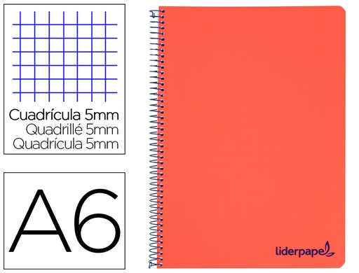 [2008917] LIDERPAPEL - Cuaderno espiral a6 micro wonder tapa plastico 120h 90 gr cuadro 5mm 4 bandas color rojo (Ref. BD30)
