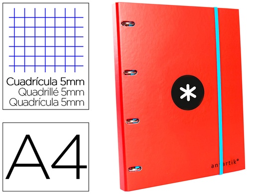 [2079296] ANTARTIK - CARPETA CON RECAMBIO LIDERPAPEL A4 CUADRO 5 MM FORRADA 4 ANILLAS 25MM COLOR ROJO (Ref.AW01)
