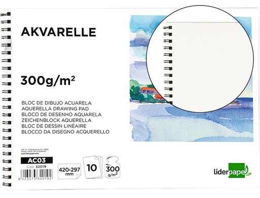 [2032019] LIDERPAPEL - BLOC DIBUJO ACUARELA ESPIRAL 297X420MM 10 HOJAS 300G/M2 SIN RECUADRO (Ref.AC03)