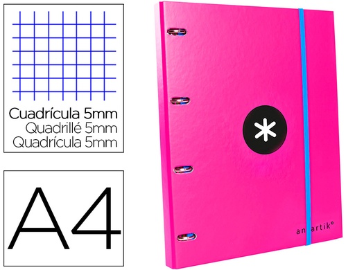 [2079297] ANTARTIK - CARPETA CON RECAMBIO LIDERPAPEL A4 CUADRO 5 MM FORRADA 4 ANILLAS 25MM COLOR ROSA (Ref.AW02)
