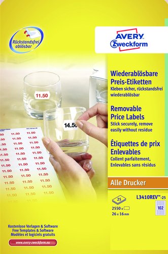 [1307641] AVERY - Etiquetas removibles Caja 25 hojas 2550 ud 26x16 Blancas (Ref.L3410REV-25)