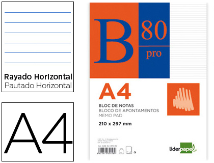 [2032458] LIDERPAPEL - BLOC NOTAS HORIZONTAL A4 80 HOJAS 60G/M2 ENCOLADO (Ref.PR02)