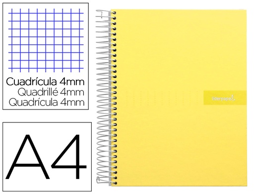 [2009929] LIDERPAPEL - Cuaderno espiral A4 crafty tapa forrada 80h 90 gr cuadro 4mm con margen color amarillo (Ref. BJ76)