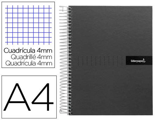 [2009930] LIDERPAPEL - Cuaderno espiral A4 crafty tapa forrada 80h 90 gr cuadro 4mm con margen color negro (Ref. BJ77)