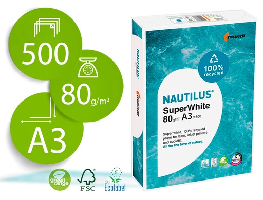[2152731] NAUTILUS - Papel fotocopiadora superwhite 100% reciclado din a3 80 gramos paquete de 500 hojas (Ref. 013408019002)