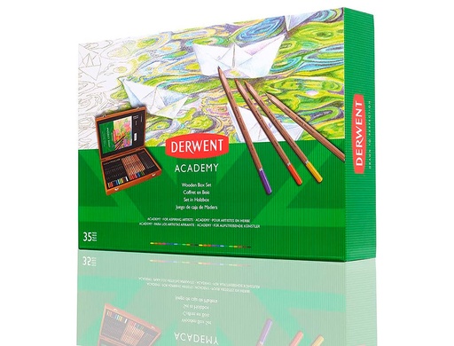 [9932265] DERWENT - LAPICES ACADEMY CAJA DE MADERA de 35 PIEZAS
6 LAPICES SKETCHIG 3B AL 2B
12 LAPICES DE COLOREAR
12 LAPICES ACUARELABLES
1 GOMA + Sacapuntas/Afilalapices + PINCEL+ BLOC + FICHA CON IDEAS (Ref.2300147)