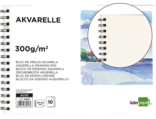 [2032018] LIDERPAPEL - BLOC DIBUJO ACUARELA ESPIRAL 297X210MM 10 HOJAS 300G/M2 SIN RECUADRO (Ref.AC05)