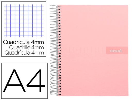 [2009946] LIDERPAPEL - Cuaderno espiral A4 crafty tapa forrada 80h 90 gr cuadro 4mm con margen color rosa (Ref. BJ80)