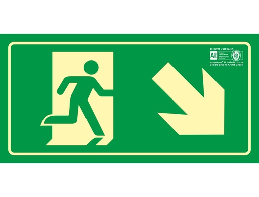 [2076050] SYSSA - PICTOGRAMA SEÑAL DE SALIDA EMERGENCIA DERECHA ESCALERA BAJANDO EN PVC FOTOLUMINISCENTE 320X160 MM (Ref.9017F)