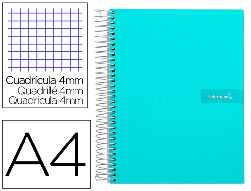 [2009941] LIDERPAPEL - Cuaderno espiral A4 crafty tapa forrada 80h 90 gr cuadro 4mm con margen color turquesa (Ref. BJ78)