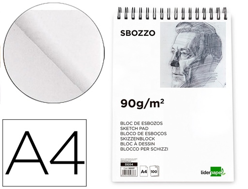 [2050337] LIDERPAPEL - BLOC DIBUJO ESBOZOS ESPIRAL DIN A4 210X297MM 100 HOJAS 90G/M2 SIN RECUADRO (Ref.DE04)