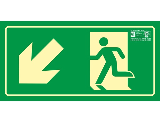 [2076051] SYSSA - PICTOGRAMA SEÑAL DE SALIDA EMERGENCIA IZQUIERDA ESCALERA BAJANDO EN PVC FOTOLUMINISCENTE 320X160 MM (Ref.9018F)